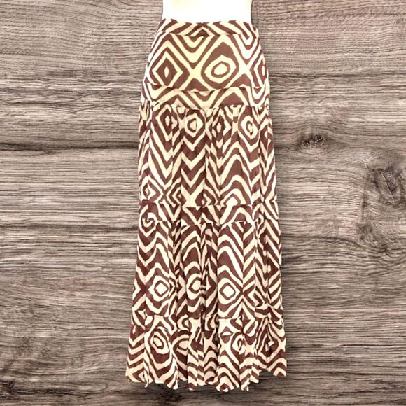Soft Surroundings Tiered Full Maxi Skirt Cocoa Ivory Tribal Print in PM - Picture 1 of 9